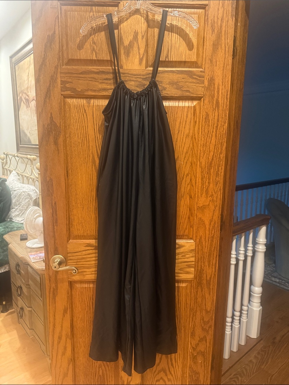 First Love Black Faux Leather Jumpsuit with Spaghetti Straps
